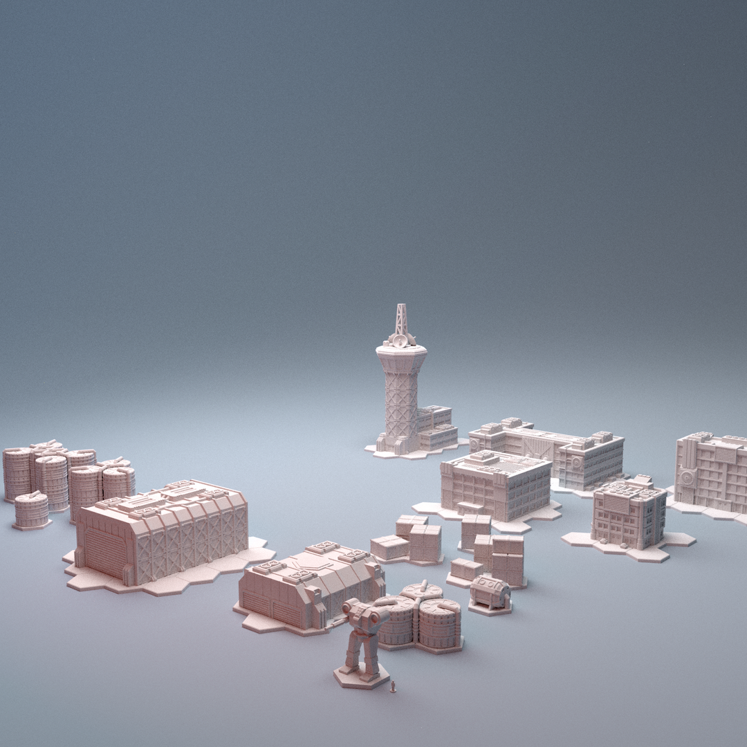 Corvus Games Terrain 3D printable Mecha City One Airbase Set for 6mm scifi tabletop wargaming