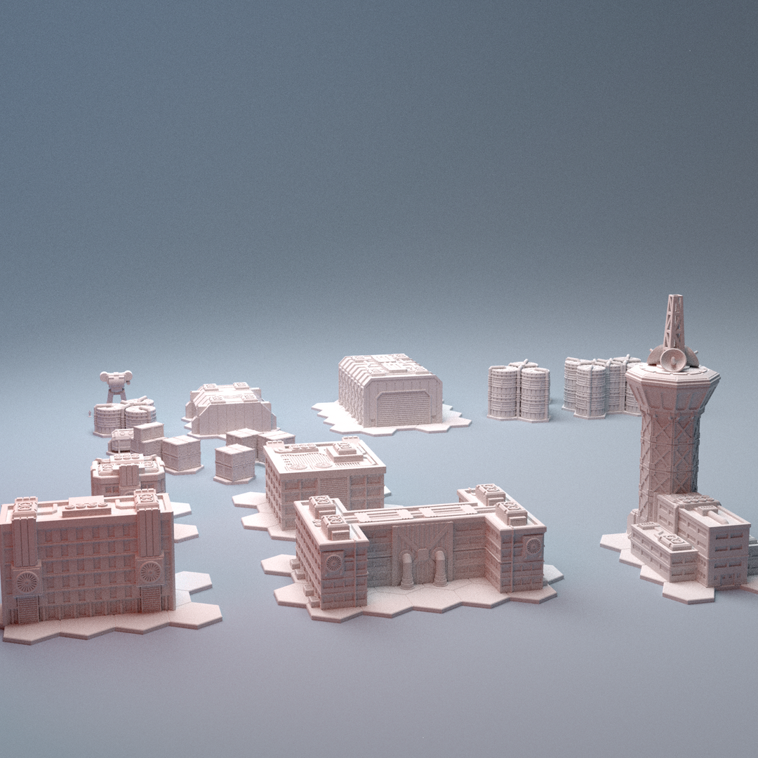 Corvus Games Terrain 3D printable Mecha City One Airbase Set for 6mm scifi tabletop wargaming