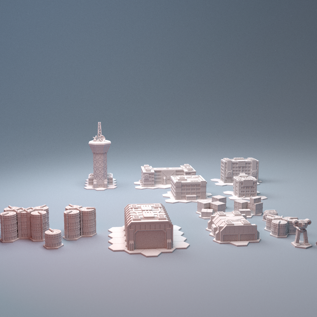 Corvus Games Terrain 3D printable Mecha City One Airbase Set for 6mm scifi tabletop wargaming