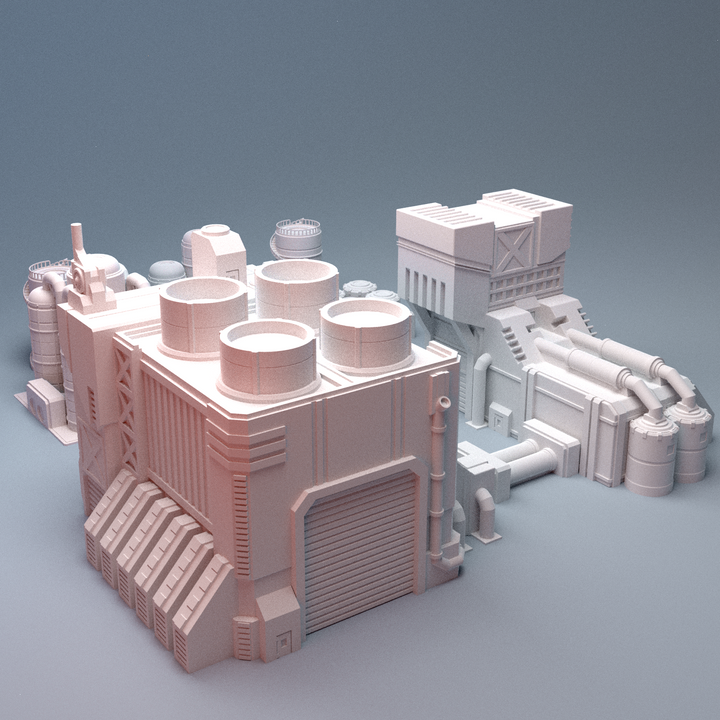 Corvus Games Terrain 3D printable Mecha City One Factory Refinery Building for 6mm scifi tabletop wargaming