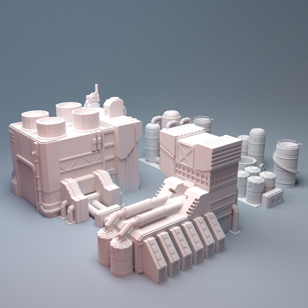 Corvus Games Terrain 3D printable Mecha City One Factory Refinery Building for 6mm scifi tabletop wargaming