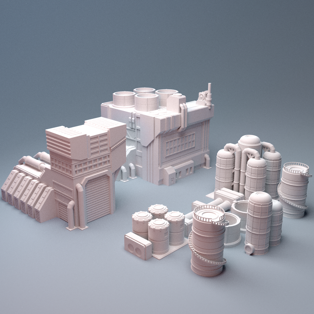 Corvus Games Terrain 3D printable Mecha City One Factory Refinery Building for 6mm scifi tabletop wargaming