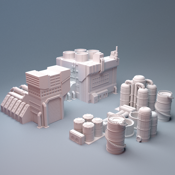 Corvus Games Terrain 3D printable Mecha City One Factory Refinery Building for 6mm scifi tabletop wargaming