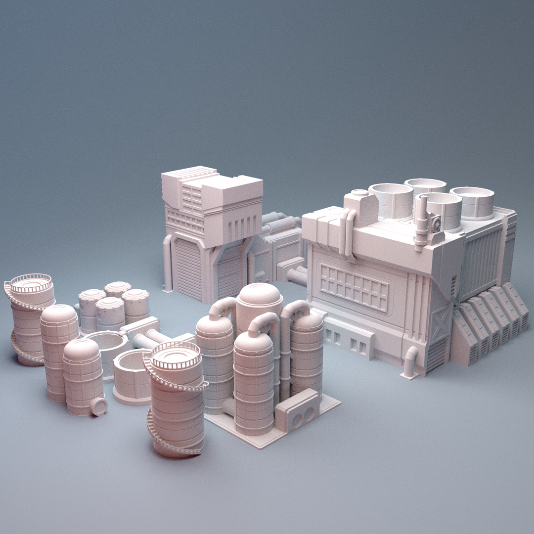 Corvus Games Terrain 3D printable Mecha City One Factory Refinery Building for 6mm scifi tabletop wargaming