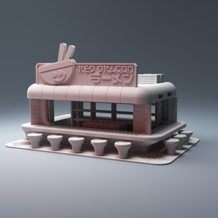 Corvus Games Terrain 3D printable Red Dragon Ramen Noodle Bar for 28mm cyberpunk and scifi tabletop wargaming