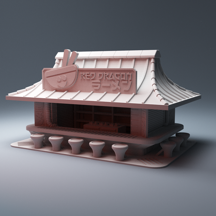 Corvus Games Terrain 3D printable Red Dragon Ramen Noodle Bar for 28mm cyberpunk and scifi tabletop wargaming