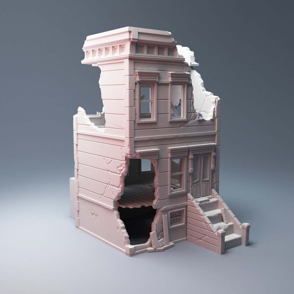 Corvus Games Terrain 3D printable Ruined Brownstone Three Storey house for Marvel Crisis Protocol, Fallout, This Is Not A Test, post apocalyptic 28mm tabletop games