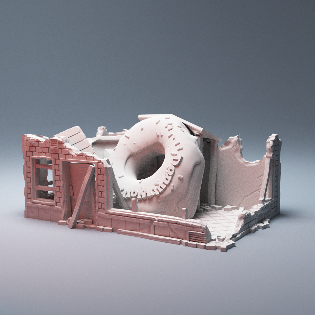 Corvus Games Terrain 3D printable Ruined Donut Shop for Marvel Crisis Protocol, Fallout, This Is Not A Test, post apocalyptic