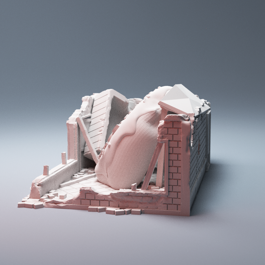 Corvus Games Terrain 3D printable Ruined Donut Shop for Marvel Crisis Protocol, Fallout, This Is Not A Test, post apocalyptic