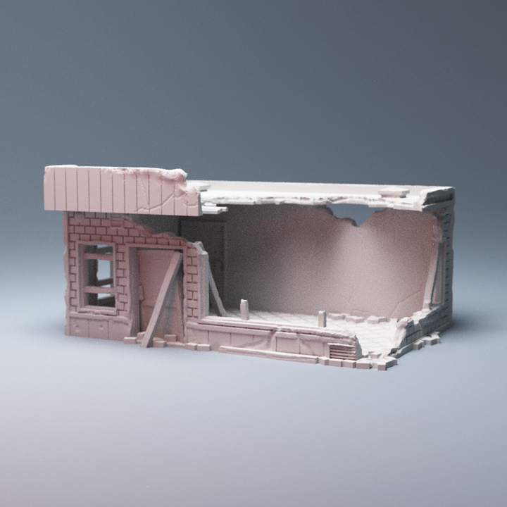 Corvus Games Terrain 3D printable Ruined Donut Shop for Marvel Crisis Protocol, Fallout, This Is Not A Test, post apocalyptic 28mm tabletop games