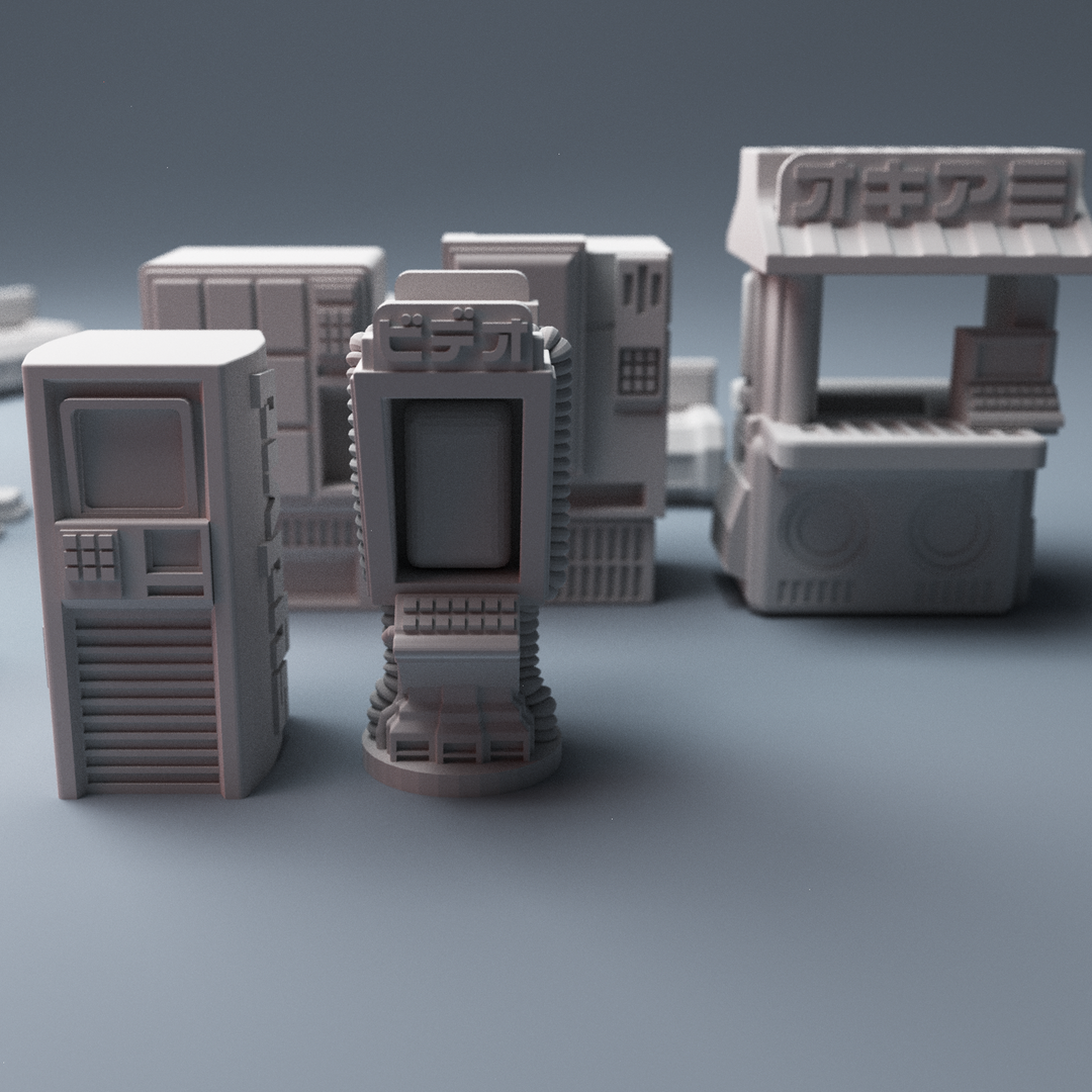 Corvus Games Terrain 3D printable Street Furniture Scatter Terrain for 28mm cyberpunk and scifi tabletop wargames and RPG, Reality's Edge, Neuromancer