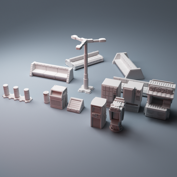 Corvus Games Terrain 3D printable Street Furniture Scatter Terrain for 28mm cyberpunk and scifi tabletop wargames and RPG, Reality's Edge, Neuromancer