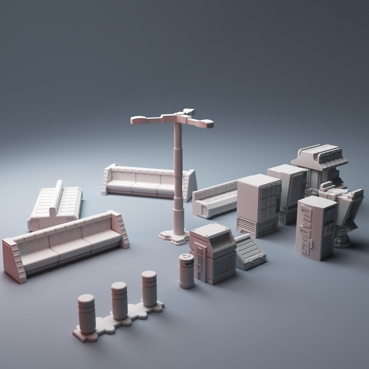 Corvus Games Terrain 3D printable Street Furniture Scatter Terrain for 28mm cyberpunk and scifi tabletop wargames and RPG, Reality's Edge, Neuromancer