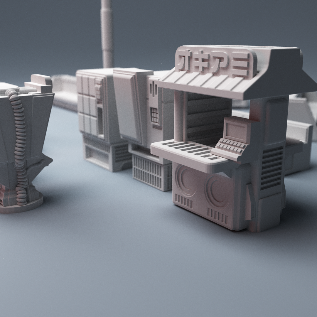 Corvus Games Terrain 3D printable Street Furniture Scatter Terrain for 28mm cyberpunk and scifi tabletop wargames and RPG, Reality's Edge, Neuromancer