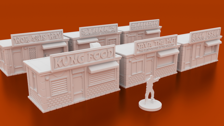 Corvus Games Terrain 3D printable Street Vendor Buildings for urban games like Fallout, The Walking Dead, This Is Not a Test, Marvel Crisis Protocol, Last Days