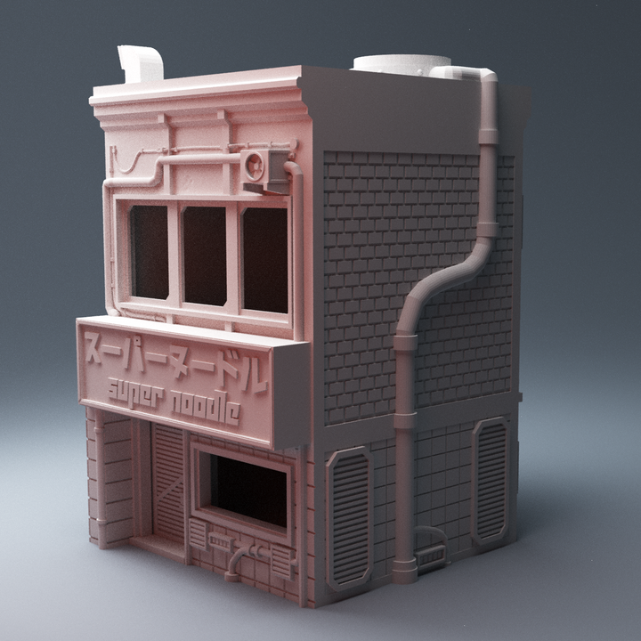 Corvus Games Terrain 3D printable SuperNoodle Restaurant Takeout Building for 28mm cyberpunk and scifi tabletop miniature wargaming