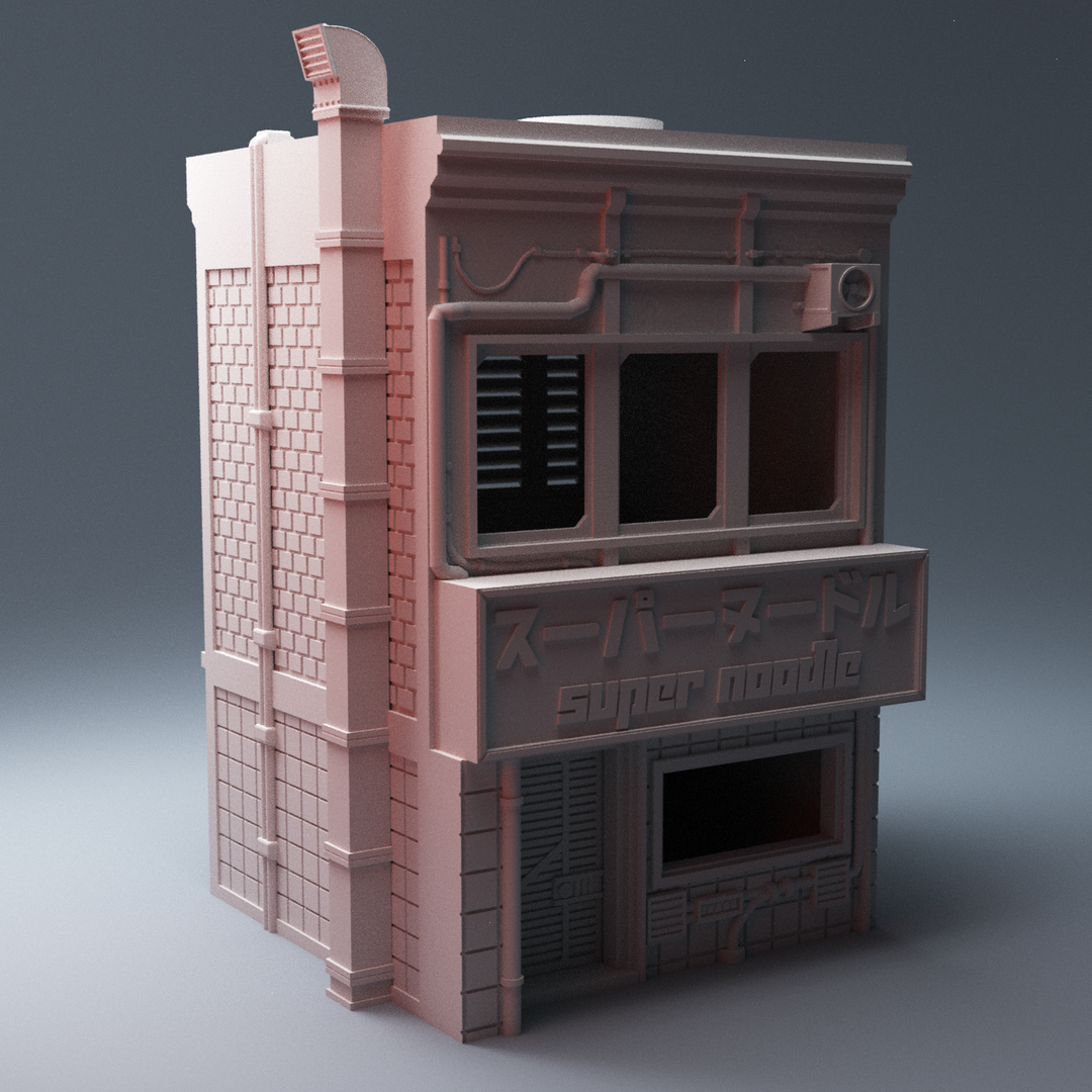 Corvus Games Terrain 3D printable SuperNoodle Restaurant Takeout Building for 28mm cyberpunk and scifi tabletop miniature wargaming