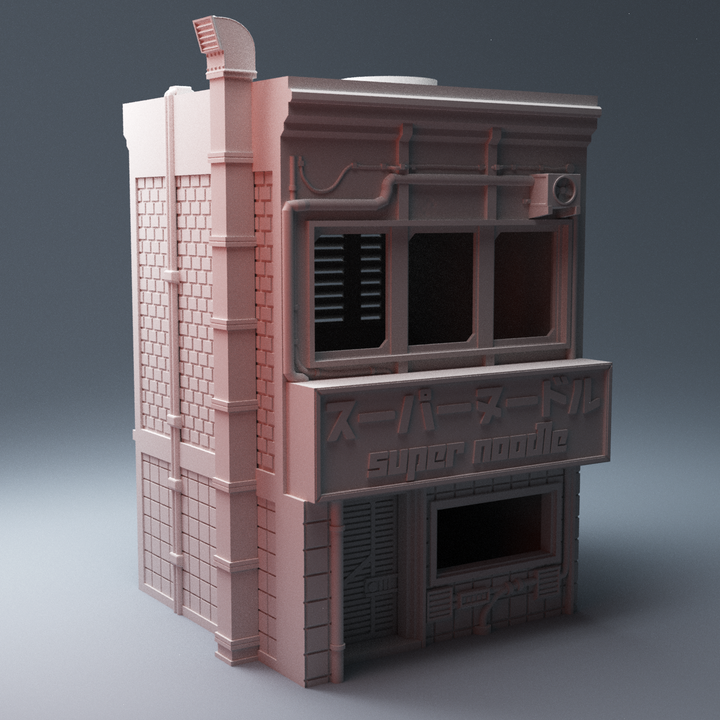 Corvus Games Terrain 3D printable SuperNoodle Restaurant Takeout Building for 28mm cyberpunk and scifi tabletop miniature wargaming