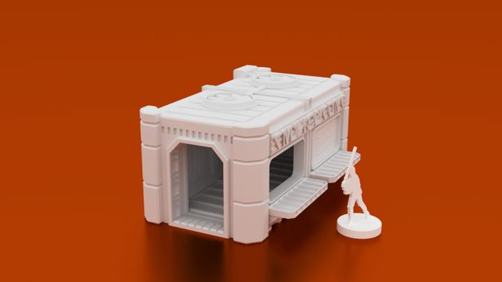 Corvus Games Terrain 3D printable food stand. scifi 28mm tabletop wargaming terrain for Marvel Crisis Protocol, Infinity, Star Wars Legion, Necromunda, Star Breach and Warpath