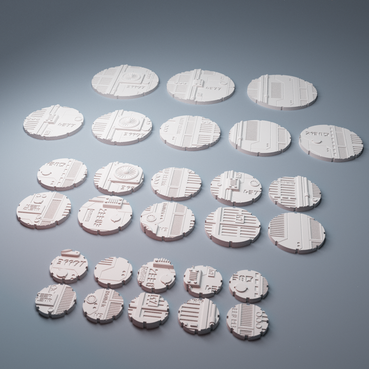 Corvus Games Terrain 3D printable miniatures bases compatible with Infinity The Game in four sizes 70mm, 55mm, 40mm and 25mm