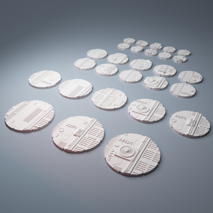 Corvus Games Terrain 3D printable miniatures bases compatible with Infinity The Game in four sizes 70mm, 55mm, 40mm and 25mm