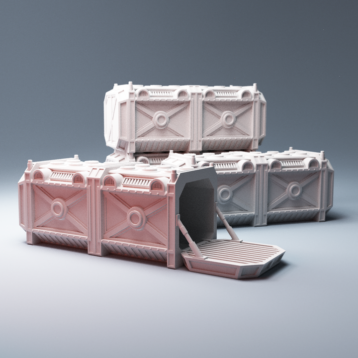 Corvus Games Terrain 3D printable sci-fi shipping containers 28mm for tabletop wargaming like Kill Team, Necromunda, 40k, Star Wars Legion, Deadzone, Warpath, Beyond the Gates of Antares