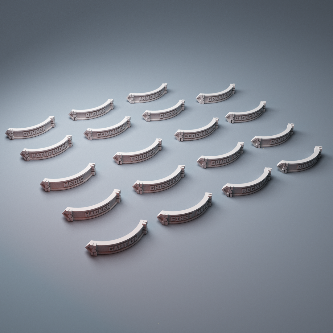 Corvus Games Terrain 3D printable scifi Mumhan Industrial District base nameplates for 25mm and 32mm tabletop miniatures