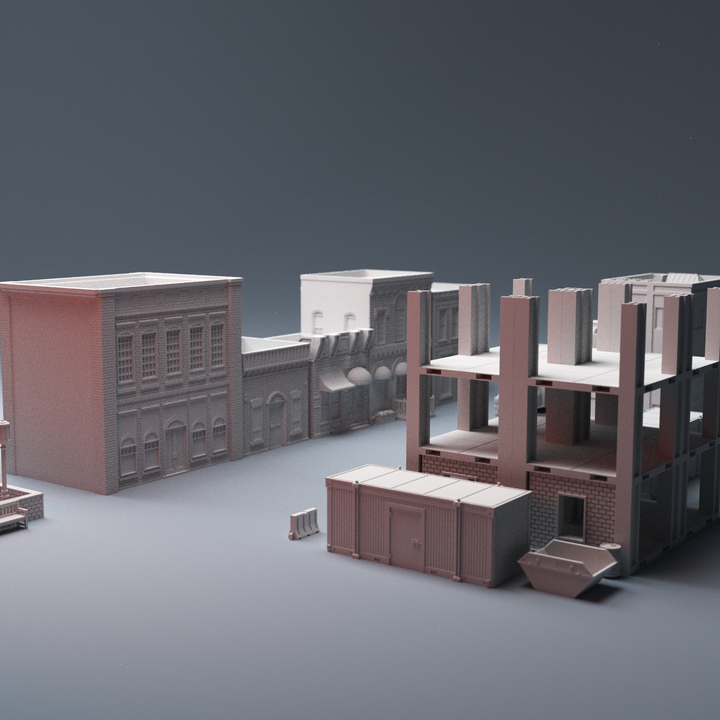 Corvus Games Terrain 3D printable urban bundle for Marvel Crisis Protocol, Fallout, The Walking Dead featuring Groveham Town, Small Park, Ambulance, Medical Center and Construction Site