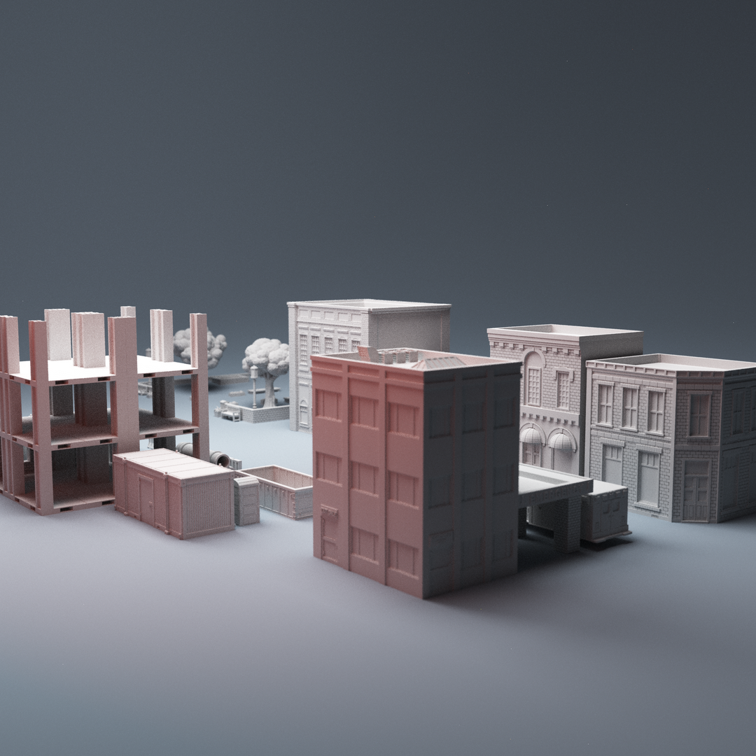 Corvus Games Terrain 3D printable urban bundle for Marvel Crisis Protocol, Fallout, The Walking Dead featuring Groveham Town, Small Park, Ambulance, Medical Center and Construction Site 28mm