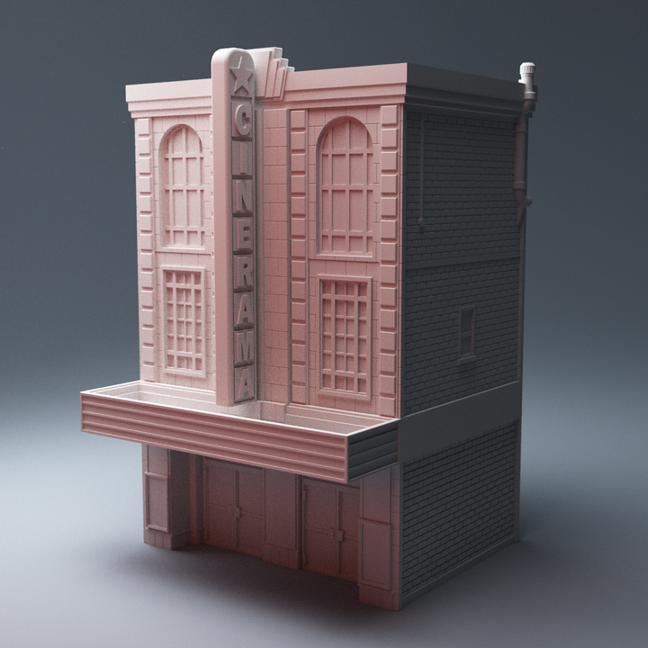 Corvus Games Terrain 3D printable urban modern movie theater for Marvel Crisis Protocol, Fallout, The Walking Dead 28mm wargaming terrain