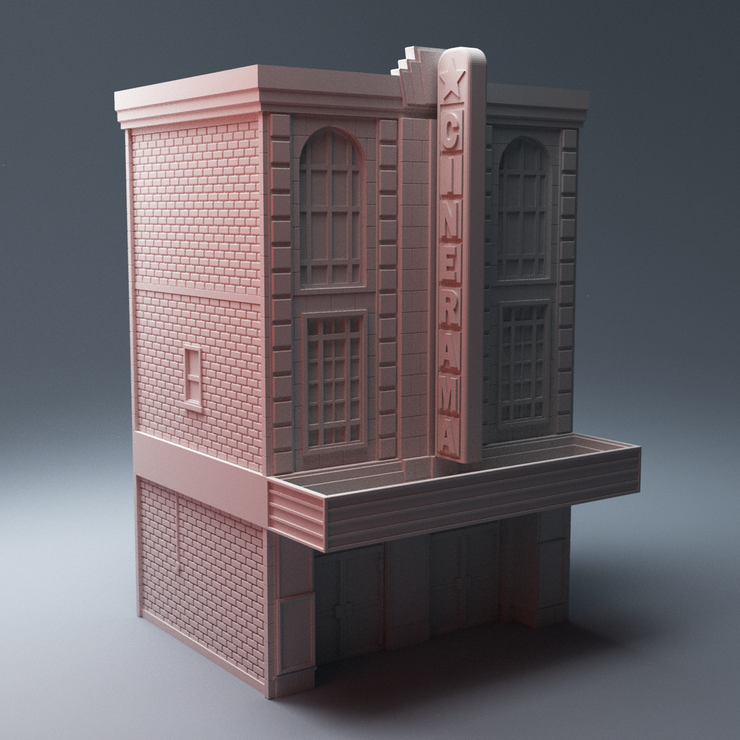Corvus Games Terrain 3D printable urban modern movie theater for Marvel Crisis Protocol, Fallout, The Walking Dead 28mm wargaming terrain