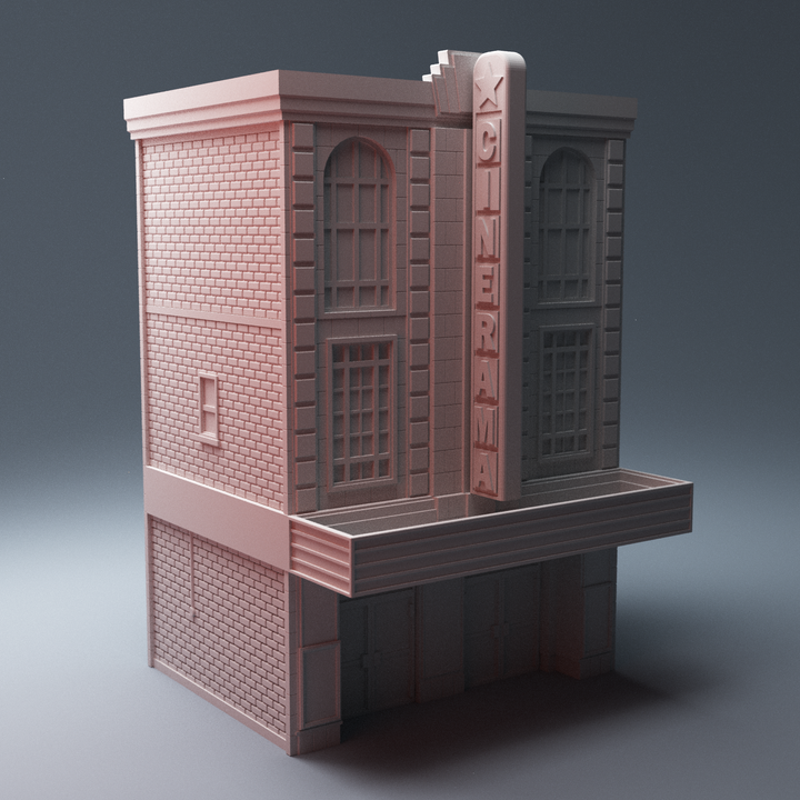 Corvus Games Terrain 3D printable urban modern movie theater for Marvel Crisis Protocol, Fallout, The Walking Dead 28mm wargaming terrain