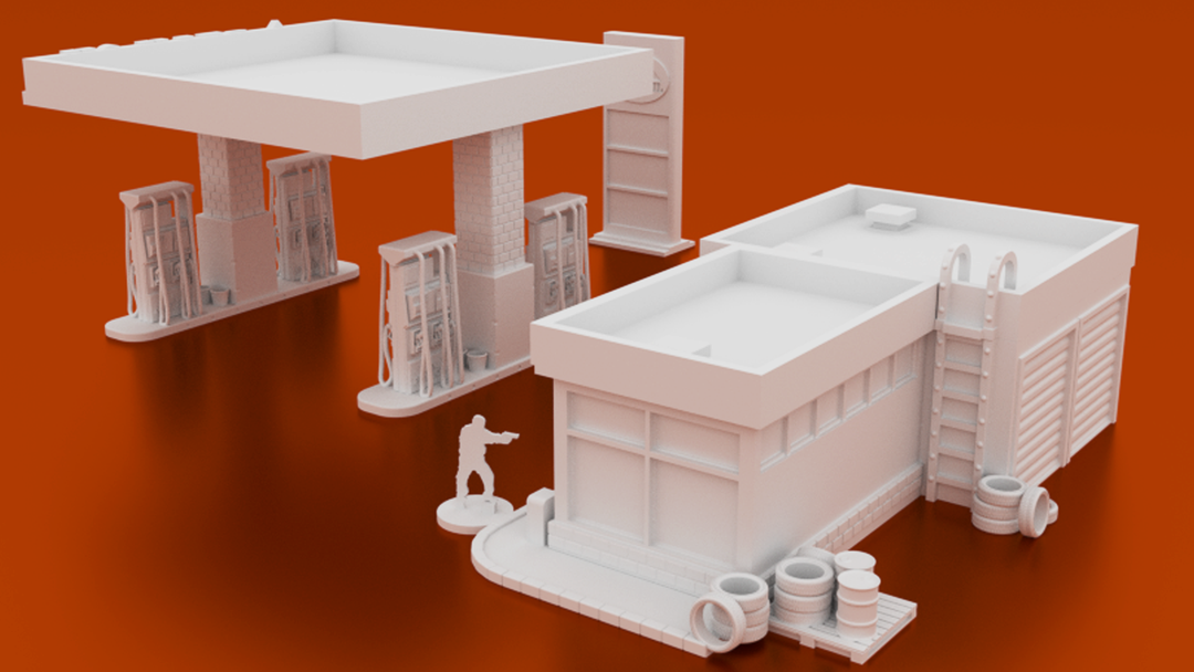 Corvus Games Terrain 3D printable urban Gas Station for survival post apocalyptic games like Last Days, Fallout, The Walking Dead, Marvel Crisis Protocol