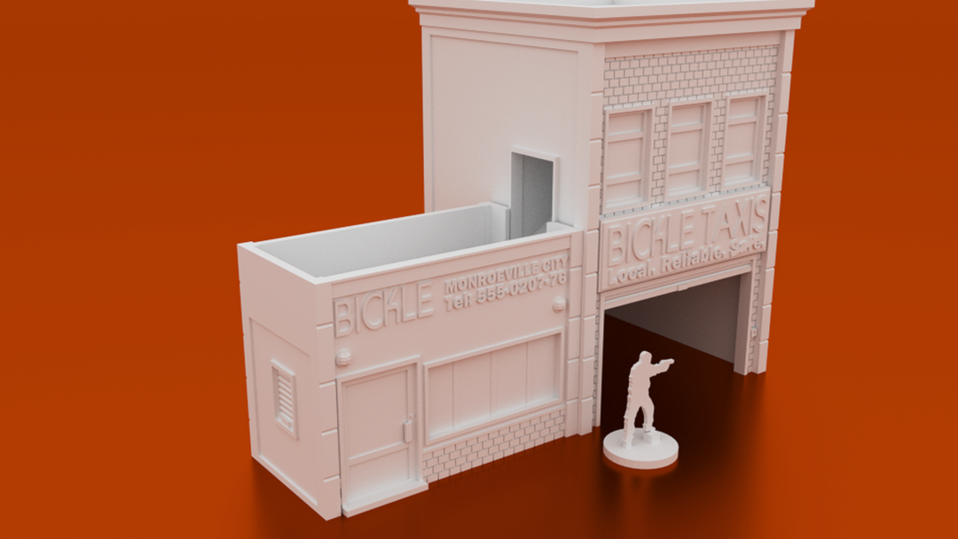 Corvus Games Terrain 3D printable Bickle Taxi Office Dice Tower for urban games like Fallout, The Walking Dead, This Is Not a Test, Marvel Crisis Protocol 28mm modern