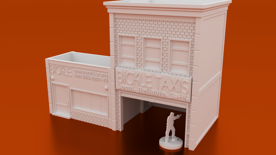 Corvus Games Terrain 3D printable Bickle Taxi Office Dice Tower for urban games like Fallout, The Walking Dead, This Is Not a Test, Marvel Crisis Protocol 28mm modern