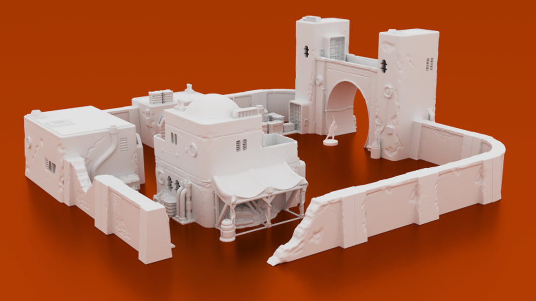 Corvus Games Terrain 3D printable Jedha scenery from Rogue One, junk dealers compound for Star Wars Legion tabletop wargame