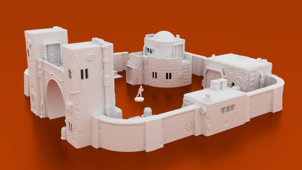 Corvus Games Terrain 3D printable Jedha scenery from Rogue One, junk dealers compound for Star Wars Legion tabletop game