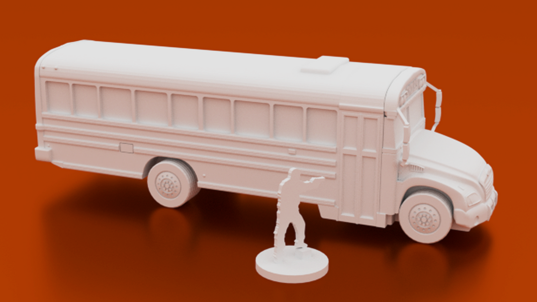 Corvus Games Terrain 3D printable School Bus for urban games like Fallout, The Walking Dead, This Is Not a Test, Marvel Crisis Protocol, Last Days 28mm modern urban