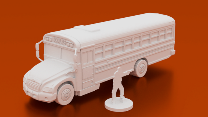 Corvus Games Terrain 3D printable School Bus for urban games like Fallout, The Walking Dead, This Is Not a Test, Marvel Crisis Protocol, Last Days 28mm modern urban
