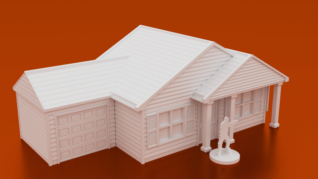 Corvus Games Terrain 3D printable Suburban House for urban games like Fallout, The Walking Dead, This Is Not a Test, Marvel Crisis Protocol, Last Days 28mm scale