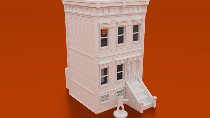 Corvus Games Terrain 3D printable brownstone 3 floor building for tabletop wargaming like Marvel Crisis Protocol, Last Days, The Walking Dead, Fallout, This Is Not A Test
