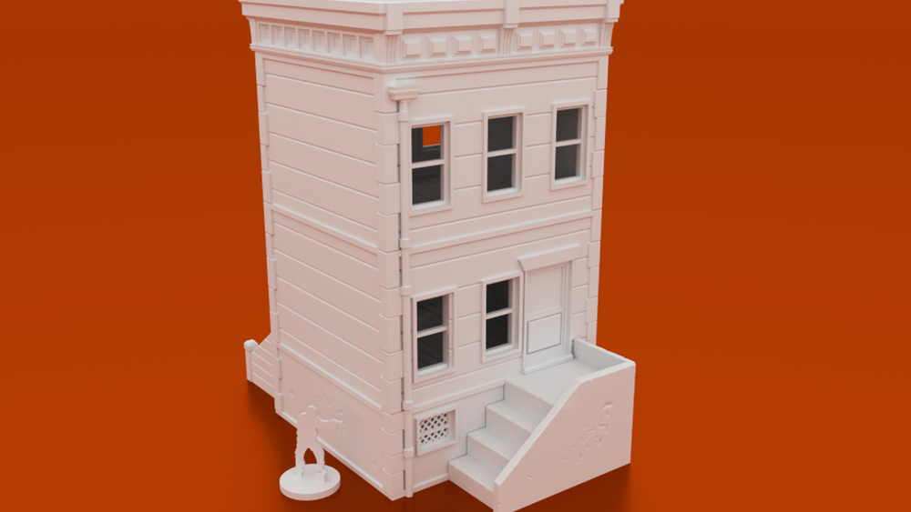 Corvus Games Terrain 3D printable brownstone 3 floor building for tabletop wargaming like Marvel Crisis Protocol, Last Days, The Walking Dead, Fallout, This Is Not A Test