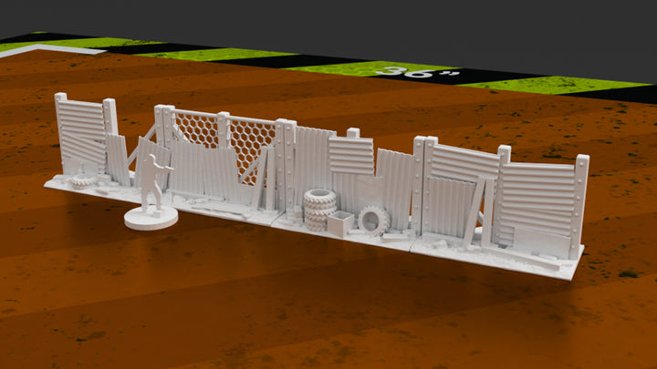 Corvus Games Terrain 3D printable fence barriers for post apocalyptic games like Fallout, Last Days, The Walking Dead, This Is Not A Test