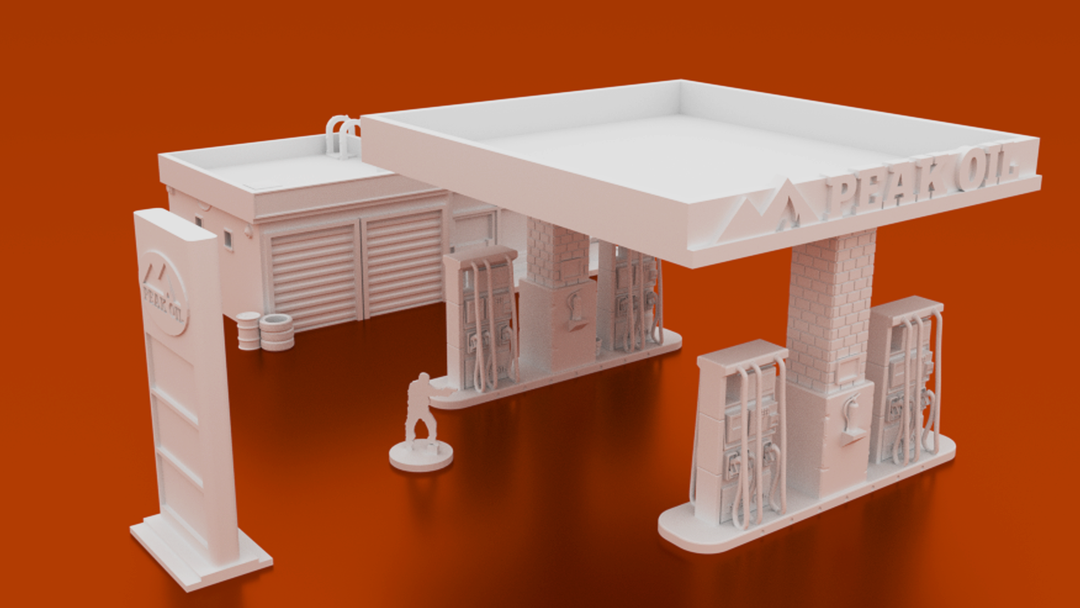Corvus Games Terrain 3D printable urban Gas Station for survival post apocalyptic games like Last Days, Fallout, The Walking Dead, Marvel Crisis Protocol